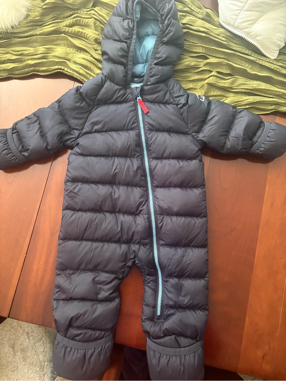 L.L. Bean Toddler Navy Puffer Footie with Hood and Light Blue Trim
